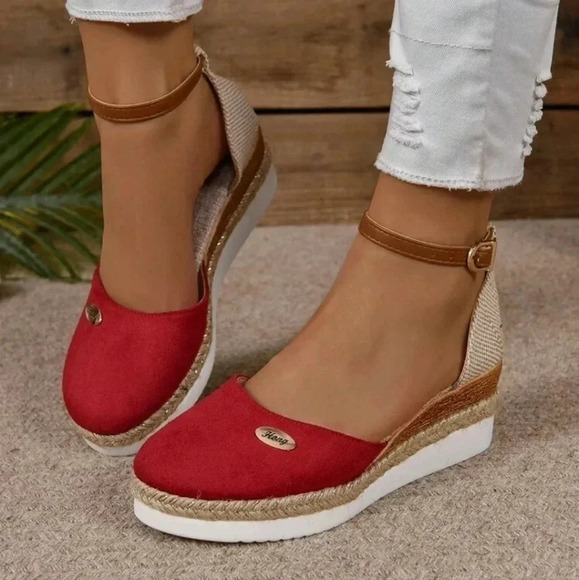 Women's Plus Size Faux Suede Color Block Round Toe Espadrilles With Elegant Wedg - Picture 3 of 7